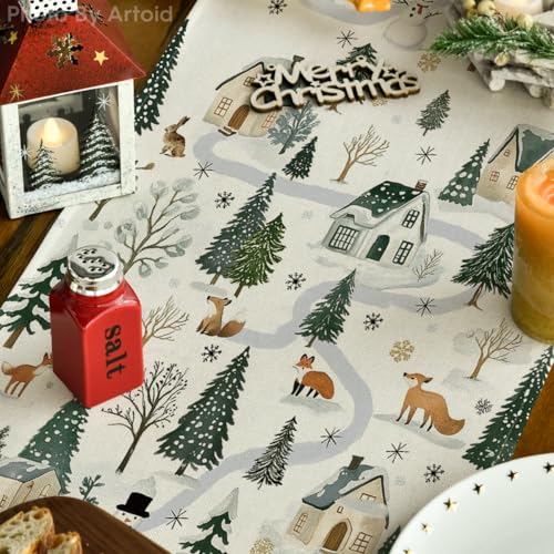 Snowfield Trees Hut Christmas Table Runner 13 x 120 Inch Beige Holiday Decor