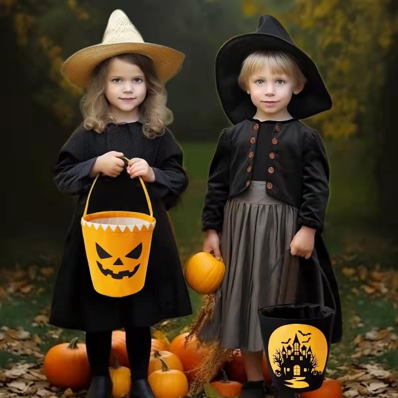 Halloween Trick or Treat Canvas Buckets - Castle & Pumpkin Face, Reusable Snack Baskets, 2 Pcs