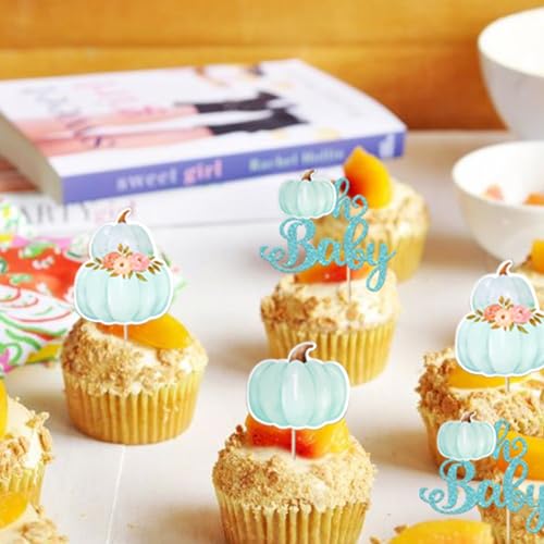 Blue Pumpkin Oh Baby Cupcake Toppers - Fall Party Decorations, 24 Pack (Design 14)