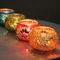 Votive Candle Holder Set of 4 - Handmade Mosaic Glass Tealight Holders for Table Decor - Diwali Thanksgiving
