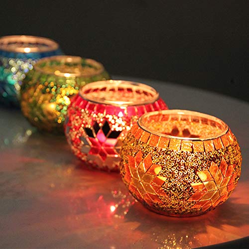 Votive Candle Holder Set of 4 - Handmade Mosaic Glass Tealight Holders for Table Decor - Diwali Thanksgiving
