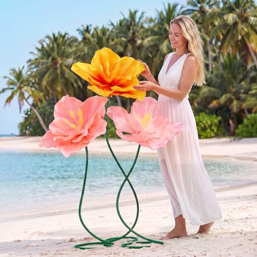 Giant Artificial Hibiscus Flowers Set - Light Pink, Pink & Gold - 3 Pack, 19.7 Inch Tropical Decor with Flexible Aluminum Stems