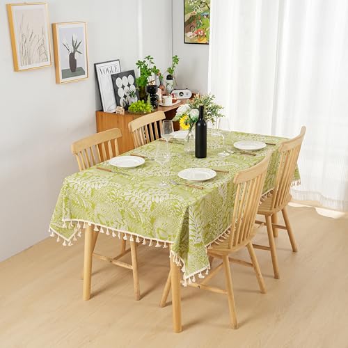 Dimatic Green Botanical Leaf Tablecloth - 55x71 Inch Rectangular Boho Cotton Linen with Tassels