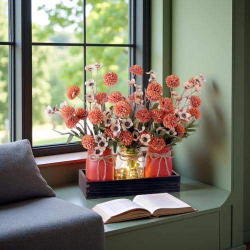 Mason Jar Lights Centerpiece with Wood Tray - Orange Red Floral Decor