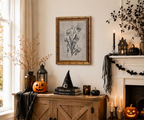Gothic Skull Floral Wall Art Canvas Print - Vintage Gold Frame 12x16