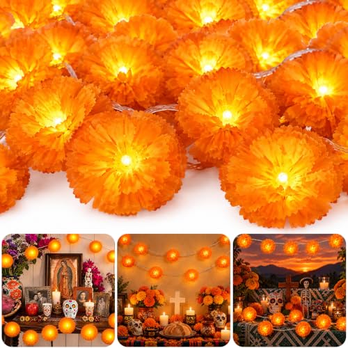 Orange Marigold Garland Lights - 9.8ft 20 LED Artificial Flowers, 4 Pack