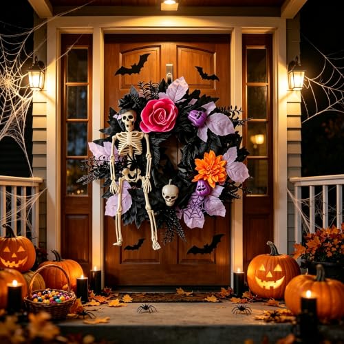 Halloween Skeleton Wreath for Front Door - 18-Inch Haunted House Decor - Variation A