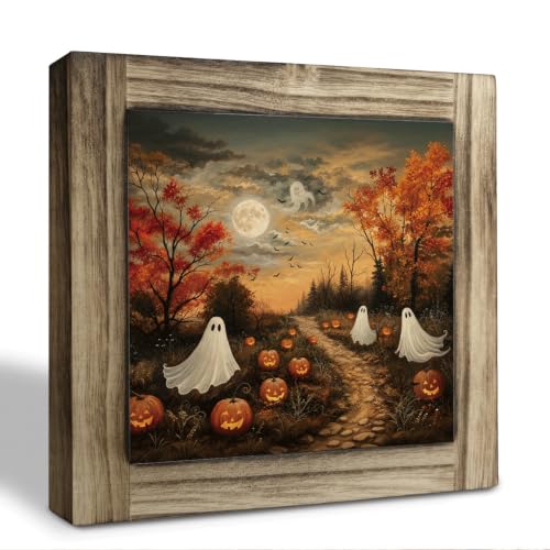 Ghost Pumpkin Path Wood Plaque Sign - Halloween Desk Decor Style 06
