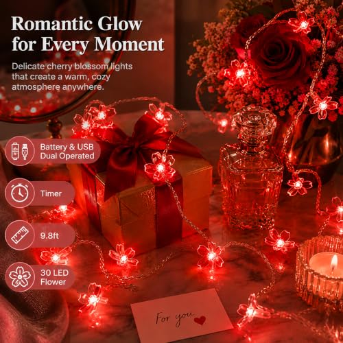 10ft Red Cherry Blossom Flower Fairy Lights String USB & Battery Operated