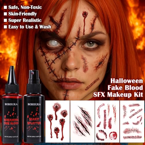 Halloween Fake Blood Kit with Spray, Drip & Wound Tattoos - Realistic Gory Makeup