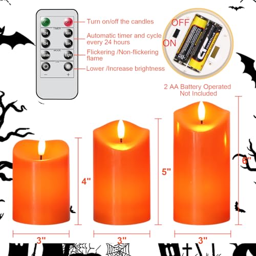 3 Pack Orange Flameless Battery Operated Pillar Candles with Remote Timer