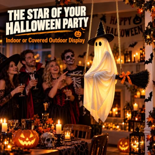 5FT Flying Ghost Witch Halloween Decoration with Light-Up Broomstick & Hat