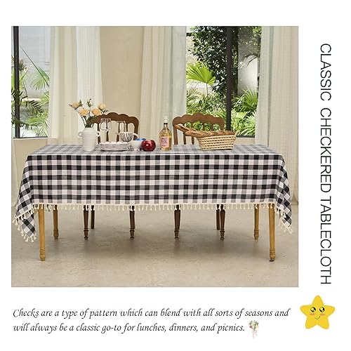 Black White Checkered Rectangle Tablecloth 55x102 Inches with Tassels - Farmhouse Decor