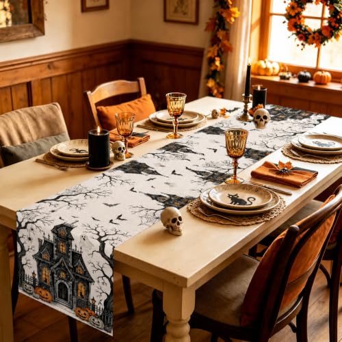 Haunted Castle Halloween Table Runner 13x72in for Home Decor - Orange Pumpkins & Ghosts