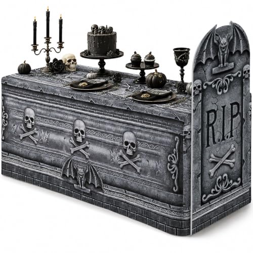Halloween Tombstone Table Decoration Set with Cardboard Cutout & Cover - Spooky Cemetery Theme - Tombstones Variation