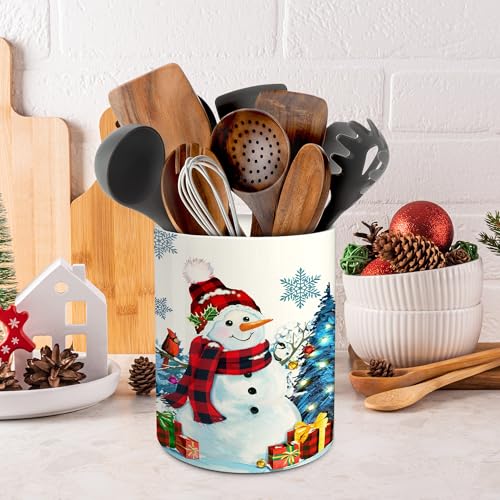 Christmas Snowman Ceramic Utensil Holder - Holiday Kitchen Decor - Pinata