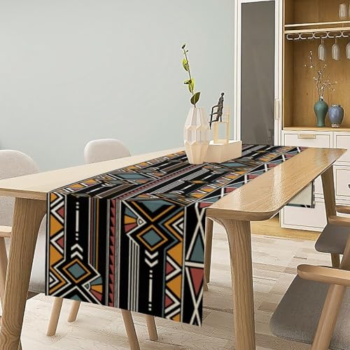 African Tribal Table Runner 13x36in - Geometric Ethnic Farmhouse Decor - Afro Brown Variation