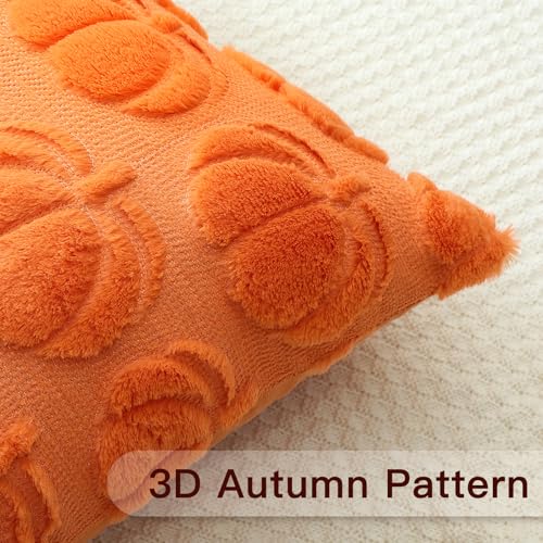Fall Pumpkin Pillow Cover Set - Orange 16x16 Inch Wool Velvet Sofa Cushion