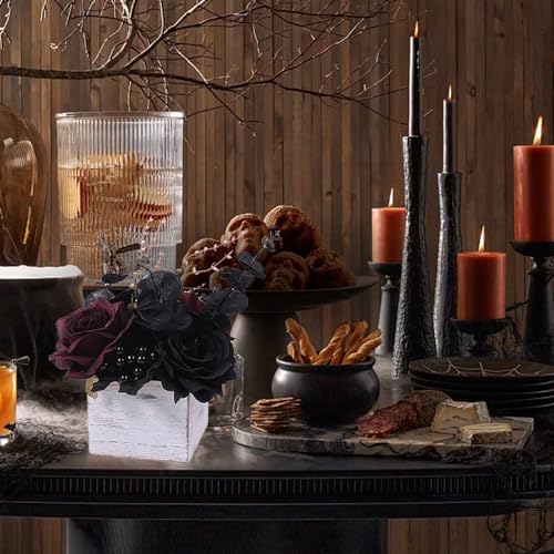 Halloween Gothic Black and Dark Red Flowers with Wooden Box - Artificial Floral Centerpiece