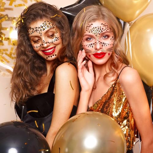 Gold Glitter Leopard Face Temporary Tattoos - 8 Sheets Halloween Costume Makeup for Kids & Adults