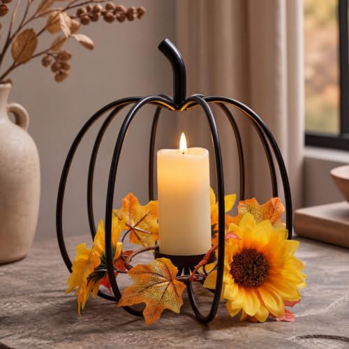 Metal Pumpkin Candle Holder - Fall Table Centerpiece for Autumn Decor
