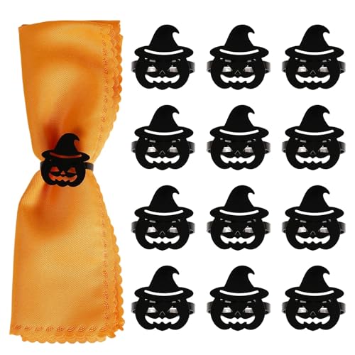 Halloween Napkin Rings Set of 12 - Black Pumpkin with Hat Metal Holders - Fall Party Decor