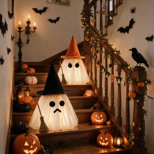 Light-Up Halloween Ghost Decorations Set of 2 with Witch Hats - Spooky Tabletop Decor