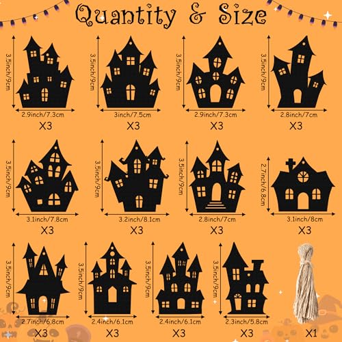 Halloween Haunted House Wooden Hanging Ornaments Set - 36pcs with Ropes - Spooky Decor