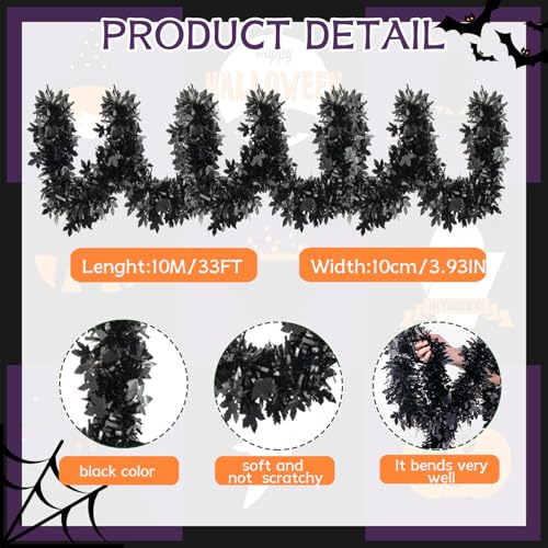 33FT Black Maple Leaf Tinsel Garland for Halloween & Fall Decorations