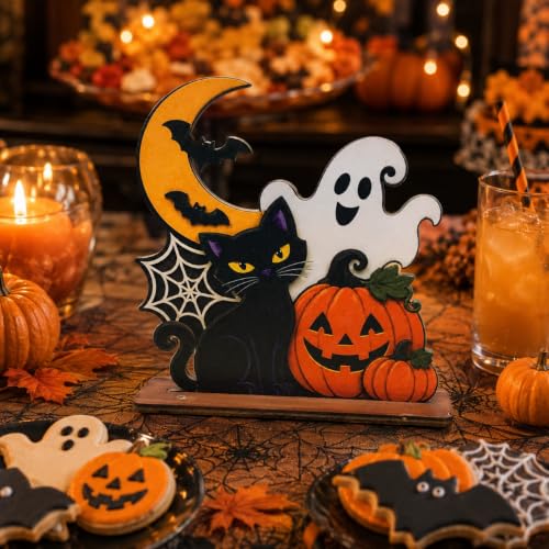 Halloween Wooden Tabletop Decoration - Cute Ghost Pumpkin Black Cat Shelf Sign