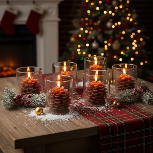 Set of 6 Pine Cone Candles with Glass Containers - Holiday Decor, Christmas, Halloween