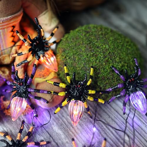 Battery-Powered Spooky Glowing Spider Halloween Lights - Waterproof 10FT String with 15 3D Spiders & Remote