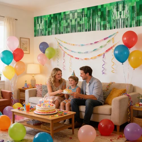 Green Pixel Float Decorations Foil Fringe Garland 2 Pack - 10 Ft for Gaming Theme Parties