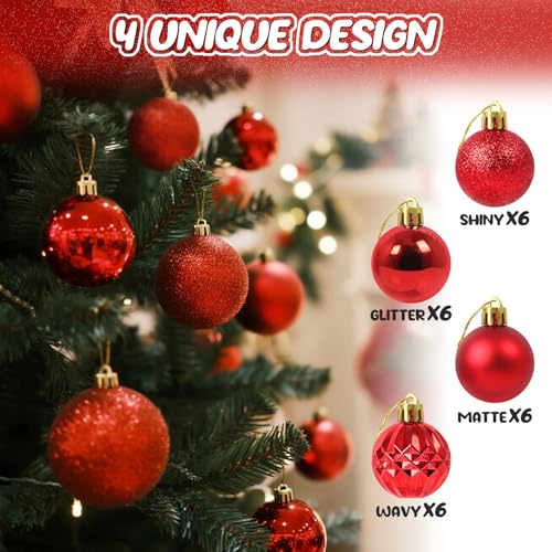 24Pcs Red Christmas Ornament Balls - Shatterproof Holiday Tree Decorations