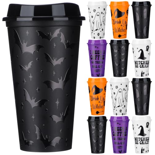 Halloween Witch Themed Coffee Cups - 16 oz, 12 Pack with Lids - Ghost Variation
