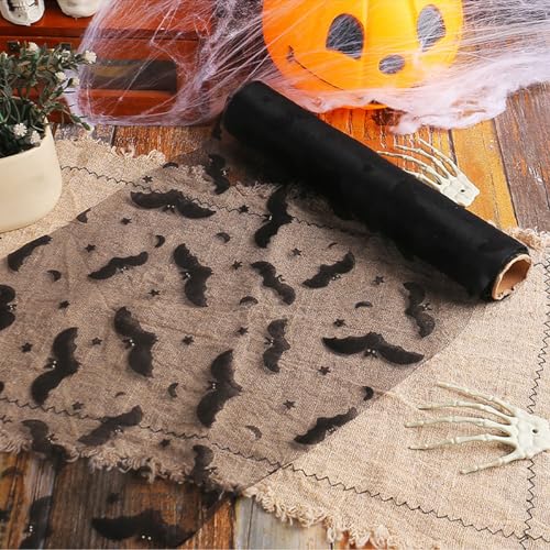 Halloween Black Bat Table Runner 11x108 Inch - Mesh Spooky Decor - Black Bat Variation