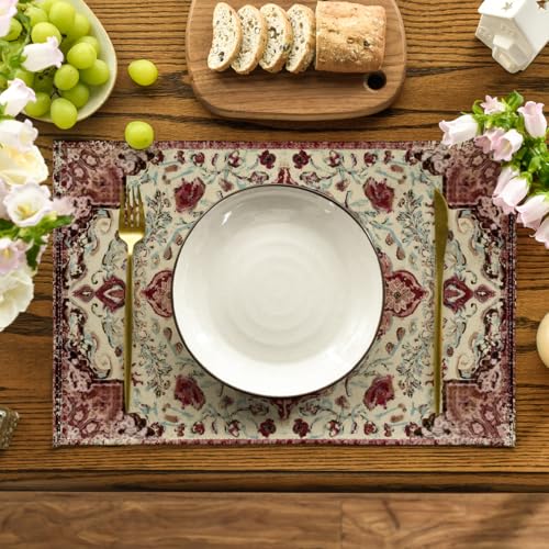 12x18 Inch Red Beige Boho Placemats Set of 4 - Rustic Farmhouse Table Decor