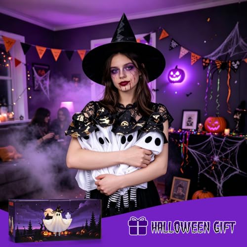Halloween Ghost Decorations Outdoor Indoor Purple Set with Witch Hat & 3 Light Modes - Hanging Spooky Decor with DIY Arms