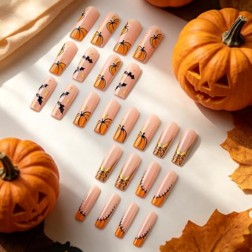 Halloween Long Square Press On Nails with Pumpkin, Bat & Web Designs - Variation Color42