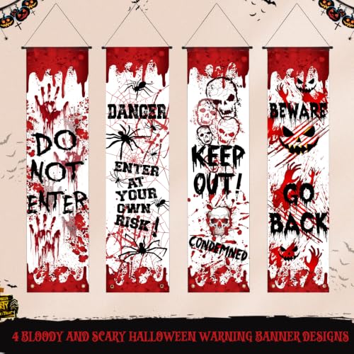 Halloween Horror Warning Banner - Red Warning Signs for Party Decor