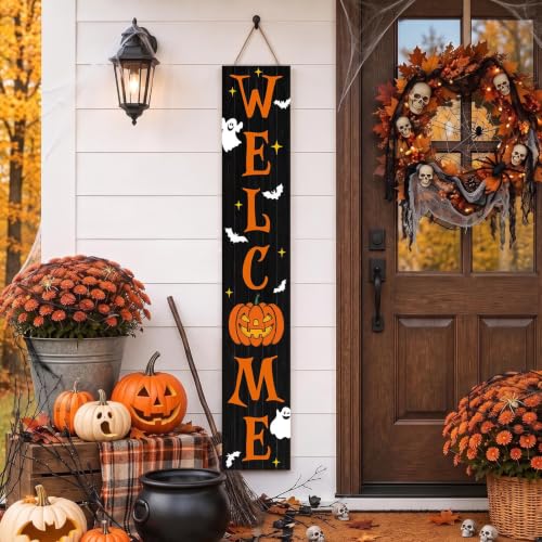 Halloween Porch Sign - Wooden Spooky Ghost Welcome Banner - Black & Orange - 47.2"