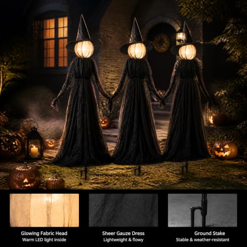 Hourleey Halloween Witch Stakes Outdoor Decorations - Lighted 5FT Set of 3 with 8 Light Modes