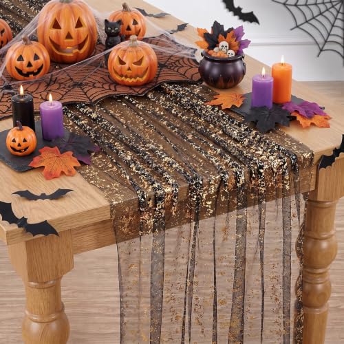 Black Gold Metallic Foil Table Runner 12pcs 28x120 Inches - Sheer Gauze Fabric