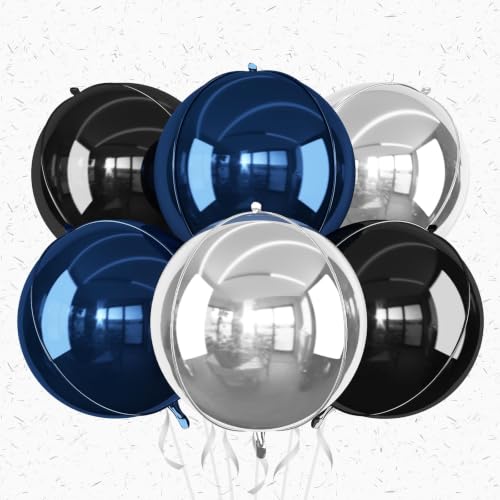 Navy Blue Black Silver 22 Inch Round Foil Balloons - 6 Pack, Giant 4D Party Decor