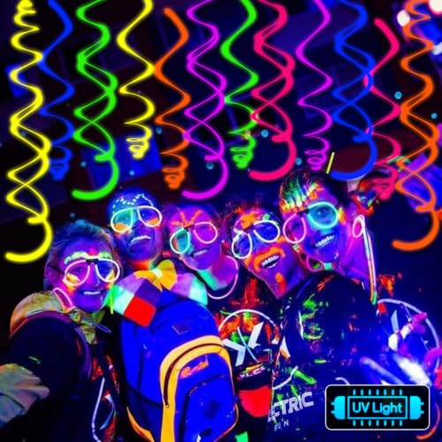 36PCS Neon Hanging Swirl Party Decorations UV Reactive Ceiling Streamers for Birthday & Halloween