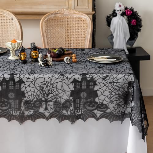 Joyfol Day Halloween Lace Tablecloth 72x54 Inch Gothic Spiderweb Castle Black