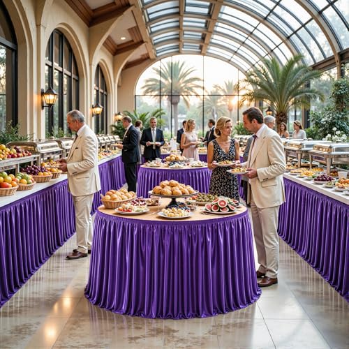 9ft Purple Satin Table Skirt for Rectangle Tables - Wrinkle Resistant Pleated Ruffle for Weddings & Events
