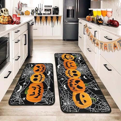Halloween Pumpkin Spider Web Bat Kitchen Rugs & Mats Set of 2 - Black, 17x47 & 17x30 Variation of THIS listing