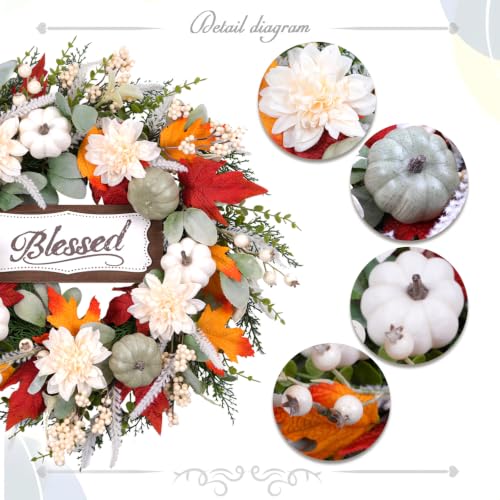 Idyllic 24-Inch Fall Wreath with Pumpkins Dahlias and Decorative Sign for Front Door