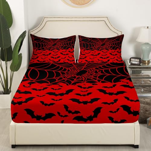 Halloween Bat Bed Sheets Queen Size Bed Set - Kids Boys Girls Spooky Web Design, No Flat Sheet - Halloween 05